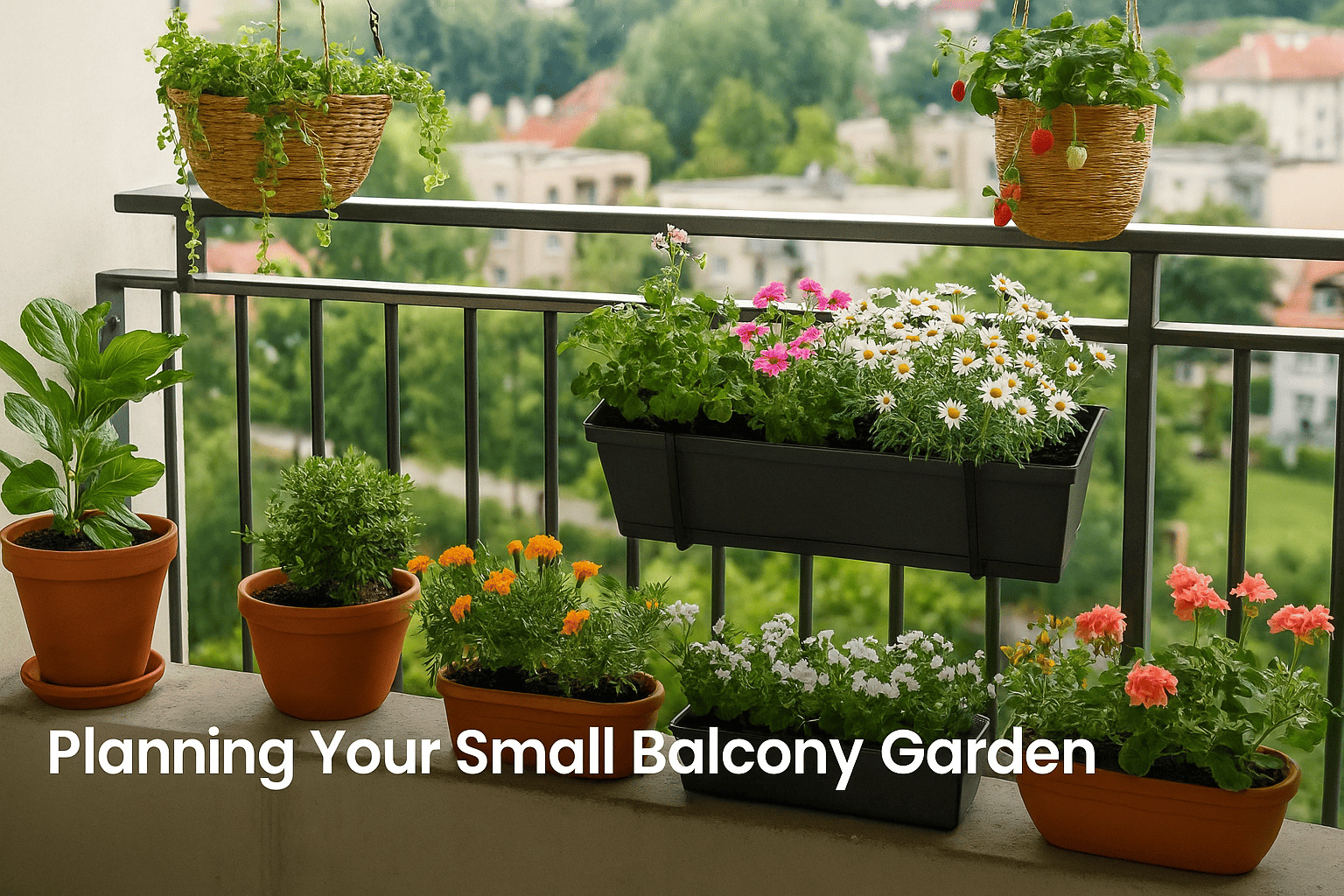 Planning Your Small Balcony Garden – Urban Plant tips and layout inspiration for apartment balcony gardening using potted plants and hanging baskets